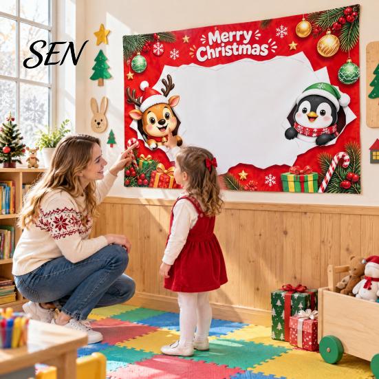 Festive Seasonal Event Banner Christmas Cartoon Photo Booth Frame Banner, Xmas Selfie with Elk Theme Props Penguin Bear, Holiday Party Handheld Prop,