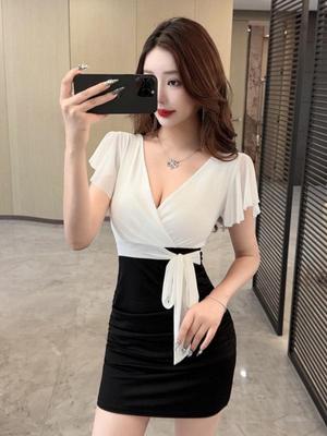 Sexy Low-Cut Mesh Puff Sleeve Bodycon Dress for Nightclub