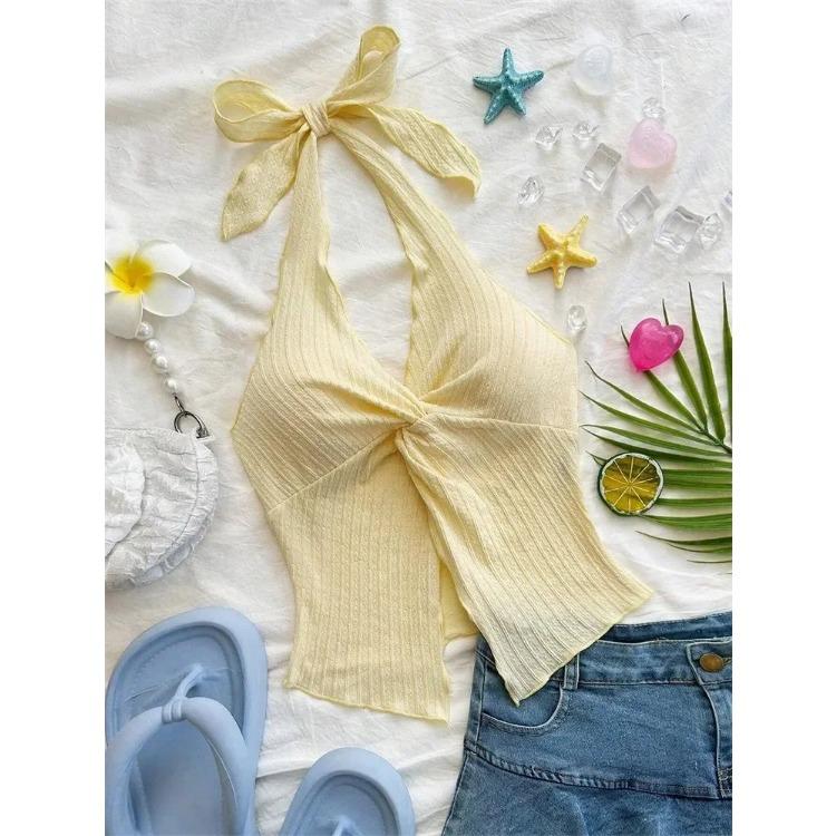 

Желтый топ с V-образным вырезом и халтер-воротником для женщин, летняя одежда Y2K, сексуальный укороченный топ без рукавов с открытой спиной, уличная одежда L