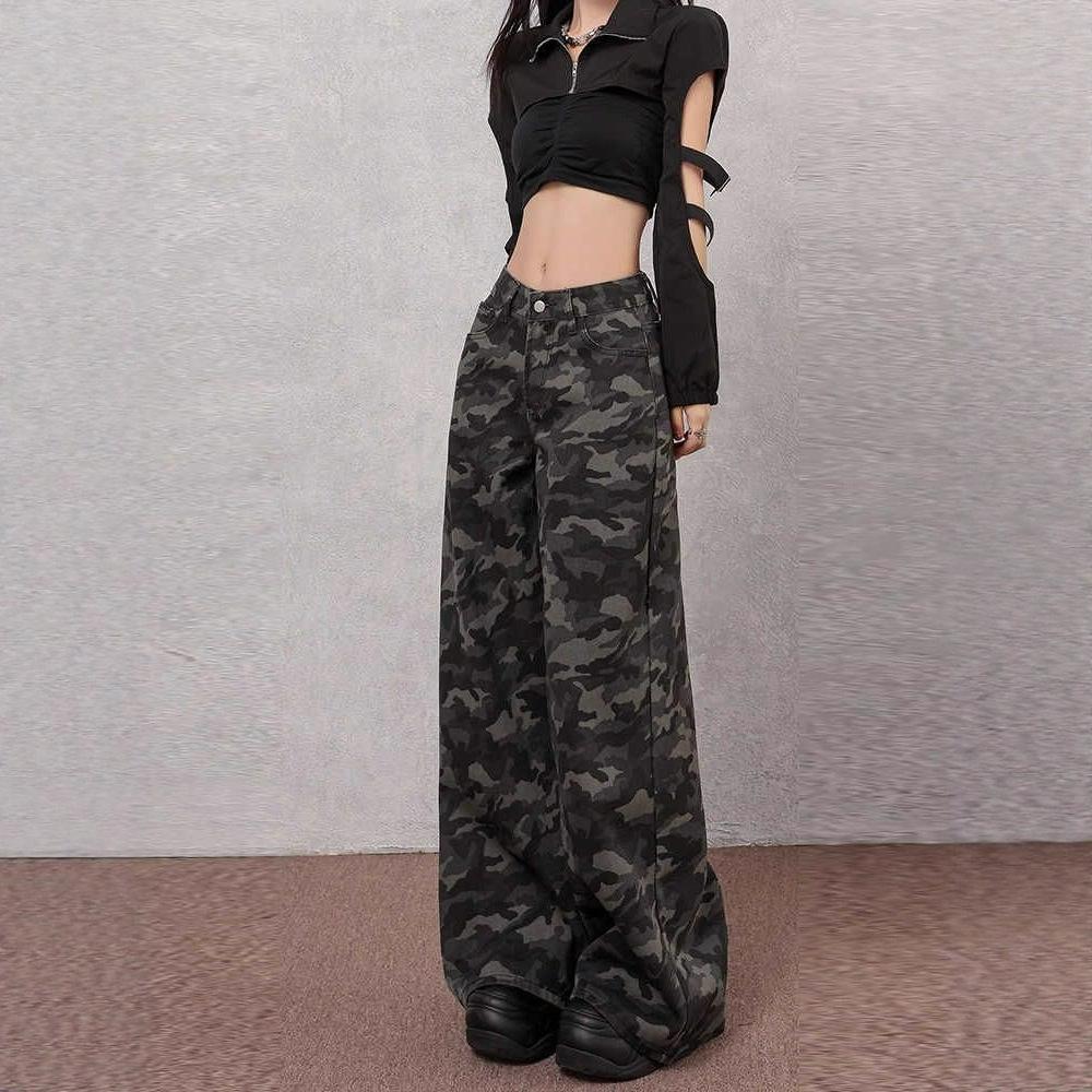 Hundreds of Camouflage High Street Wide Leg Jeans Female High Waisted Skinny Loose Straight Straight Trousers Jeans for Women Long Denim Pants
