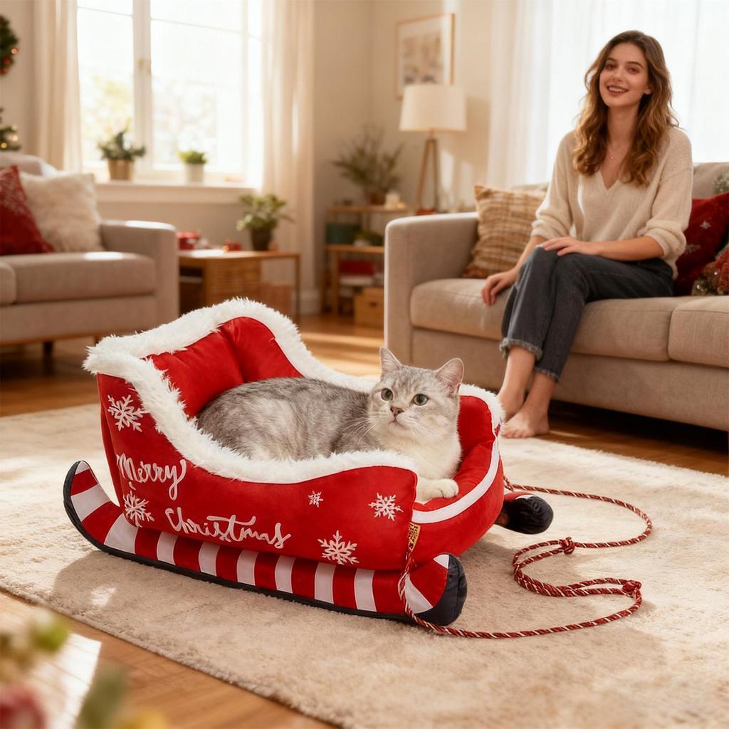 S/M Innen Warme Hundebett-Matte Warm Mit Rutschfester Unterseite Waschbar Hundebett Weihnachtsschlitten Warm Haustier Hund Katze Haus