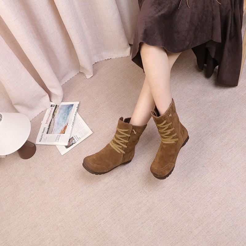 Johnature Plush Cow Suede Plush Women's Mid-calf Boots Retro Lace-up Warm Flat Bottom Snow Boots