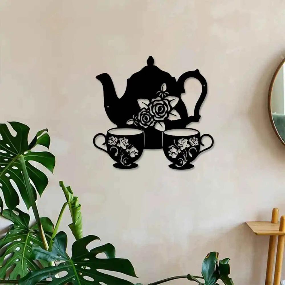 Metal Teapot Wall Art Floral Iron Sculpture, Rustic Decor for Living Room Office Patio Cottage, Indoor Outdoor Use