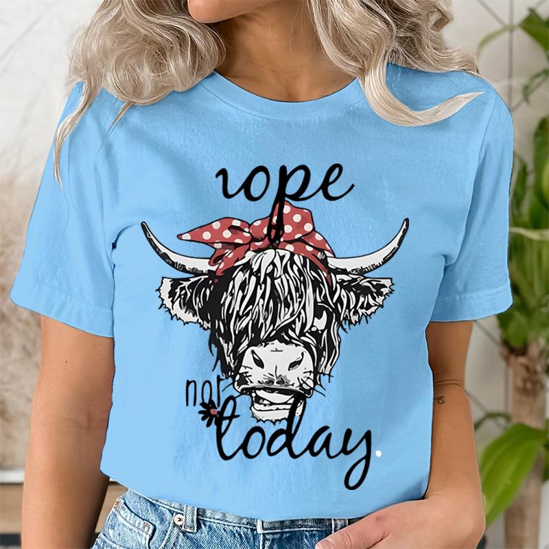 Women Funny T Shirts Cute Hairy Scottish Highland Cow TShirt Round Neck Casual Tops Women Cow Head  Letter Print Short Tshirt