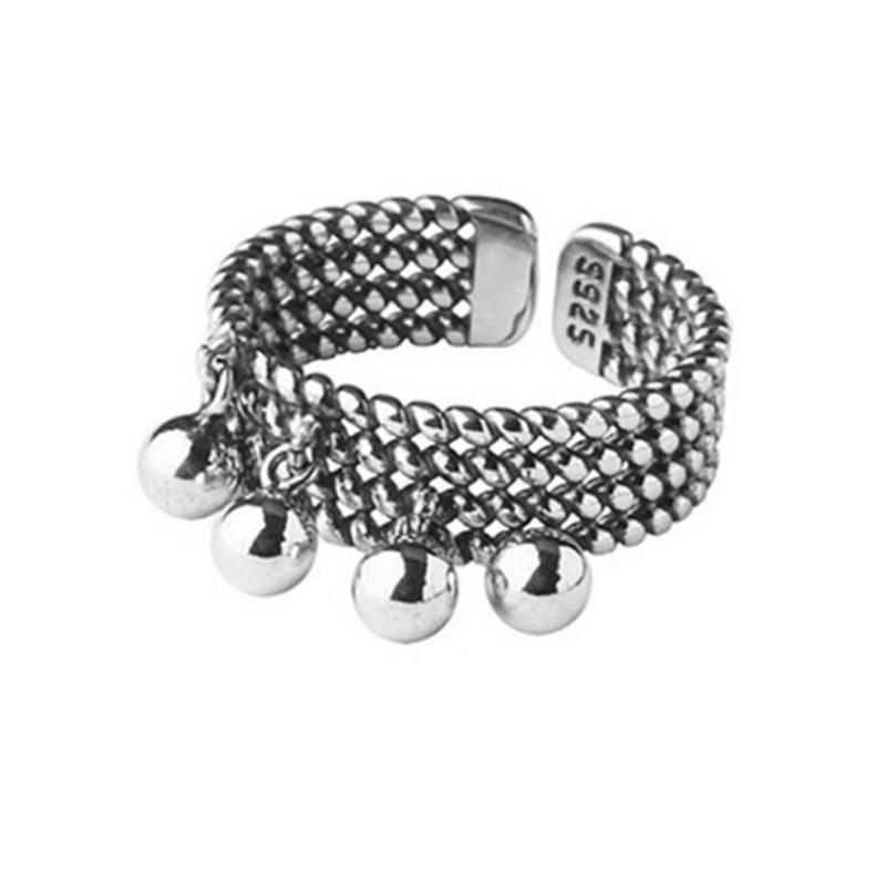 New Creative Tassel Round Beads Smooth 925 Sterling Silver Jewelry Retro Multi-layer Braided Personality Opening Rings TYB050
