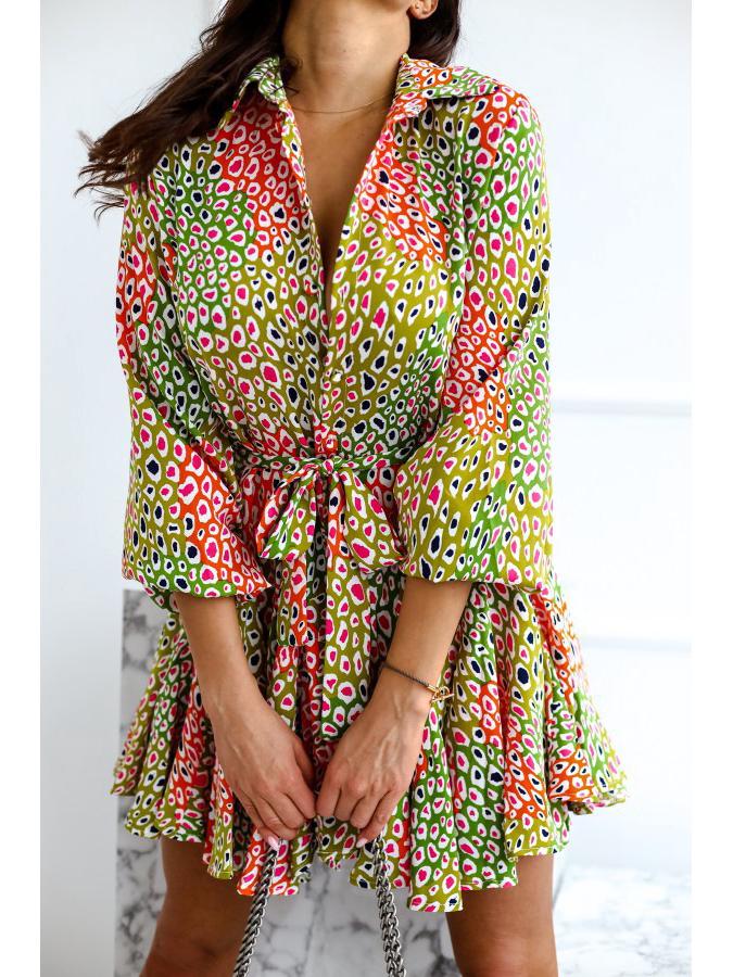 European and American Women's Long-Sleeve Tie-Waist Printed Shirt Dress