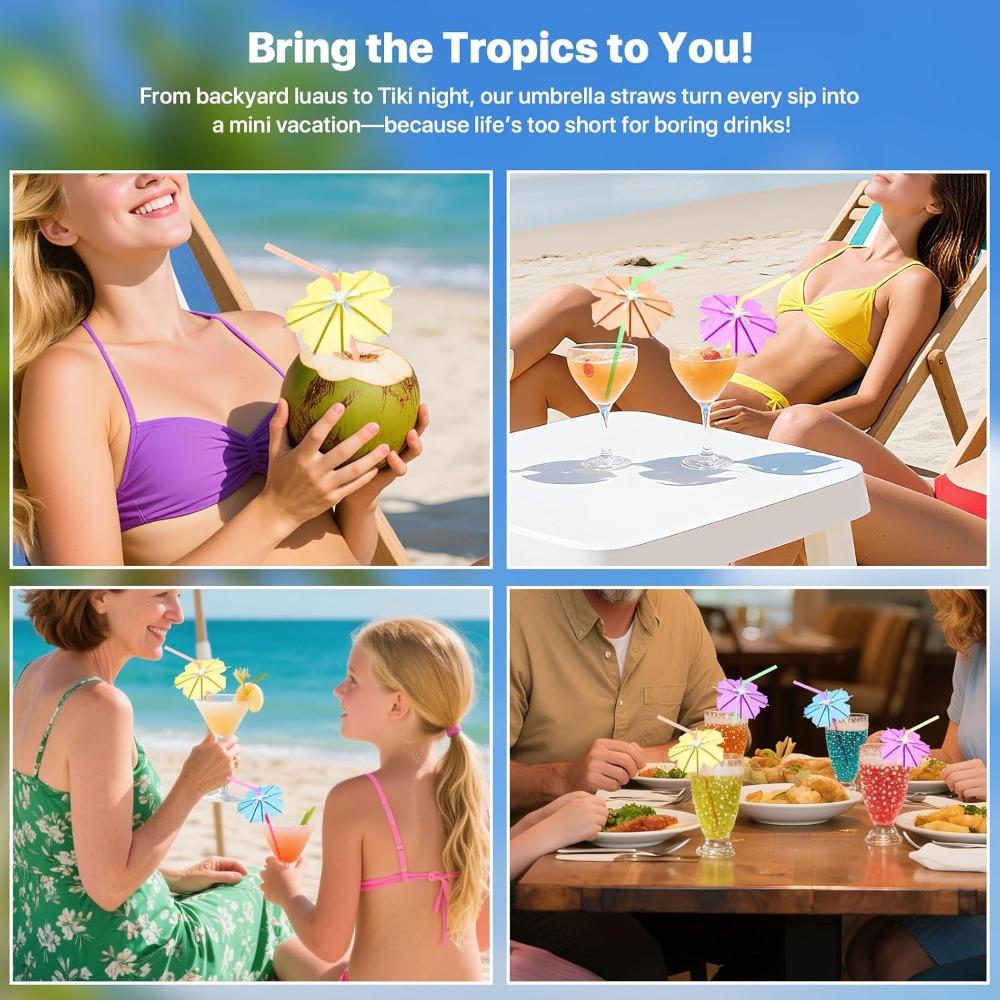 50pcs Fun Umbrella Drink Straws Tropical Cocktail Straws with Mini Umbrella Tiki & Hawaiian Party Decorations Colorful Parasol Straw