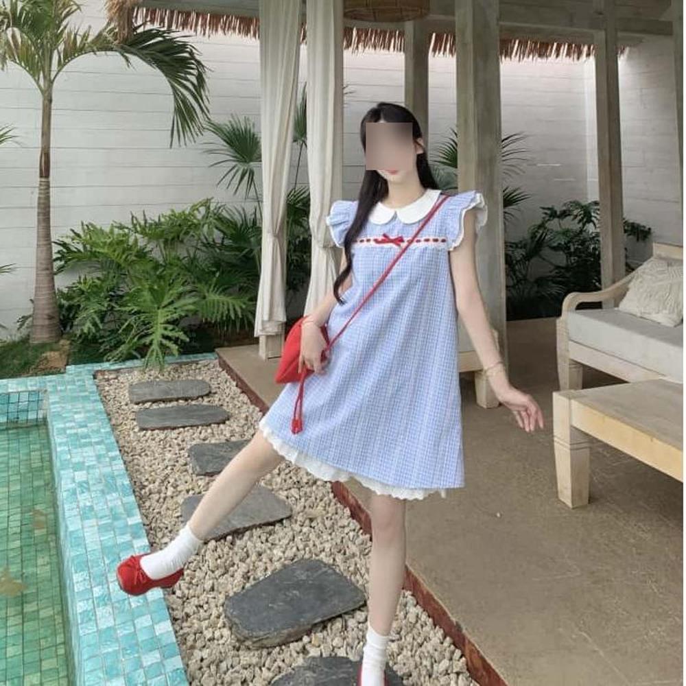 Feifei Sleeve Small Sweet Girl Dress Summer Blue Plaid Cute Doll Collar Sweet Temperament Princess Short Dress