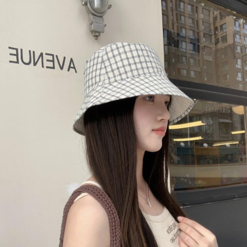 Bucket Hat Women's High Sense Department Summer New Double-sided Wear Shading Sunscreen Plaid Casual Retro Fashion