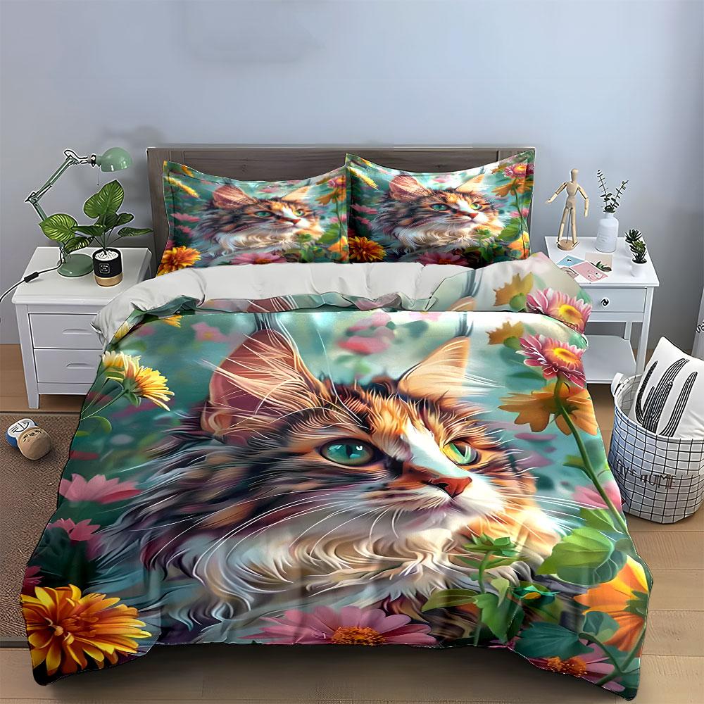 Floral Cat Art Decor Set Soft Skin-Friendly Bedding Set Includes 1 Duvet Cover And 2 Pillowcase Gift