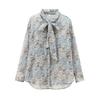 1116 Spring European and American Women's Clothing New Lapel Bow Decoration Printed Casual Cardigan Long-sleeved Shirt Top