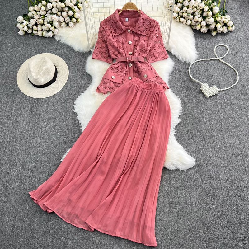 Single-Breasted Lace Pleated Skirt Fashion Suit