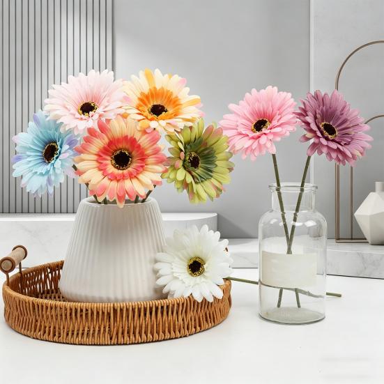 6 Bundles Artificial Gerbera Flowers with Stems Fake Wildflower Bouquet for Wedding Party Table Centerpiece Indoor Home Vase Decor Floral Arrangement