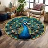 Majestic Blue Peacock Design Print Round Rug, Living Room, Bedroom, Playroom Carpet, Non Slip Floor Mat, Gift