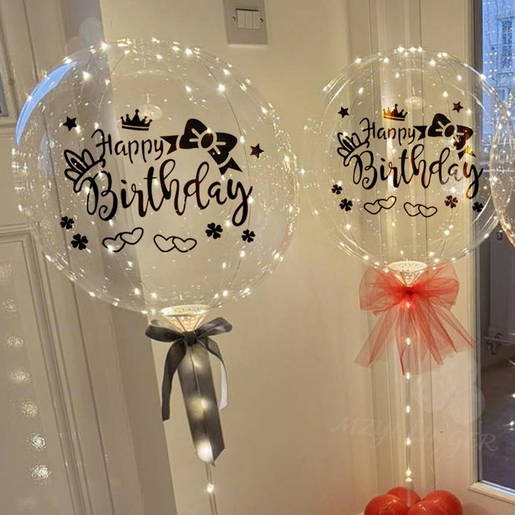 LED transparent bobo balloon light string (no battery) with happy birthday sticker, birthday party decoration, photo props