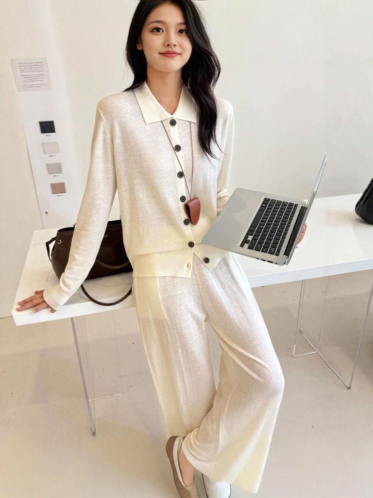 Women's 100% Wool Polo Collar Long Sleeve Cardigan - Old Money Style, Simple Lapel Knit Sweater