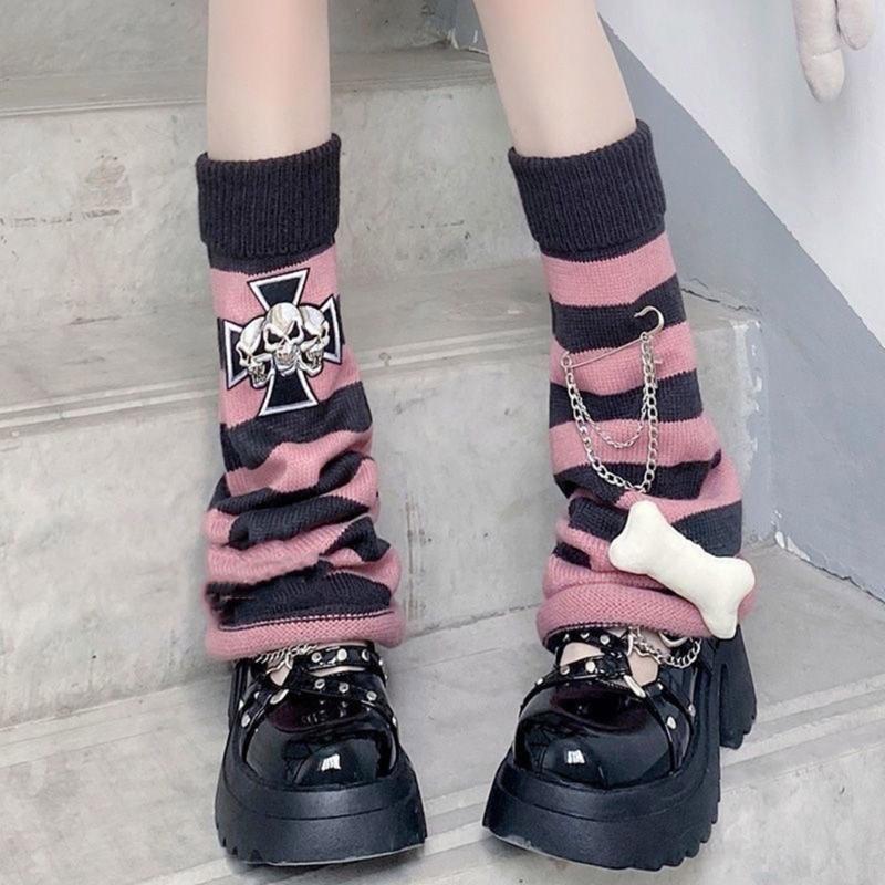 Calentadores de Piernas de Punto Rayados Góticos Punk Calaveras Cruces Adornos Cubre Pies Piernas Calcetines Largos Holgados Acampanados para Mujeres Niñas