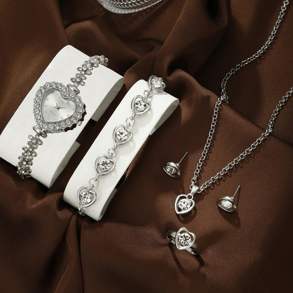 5 st/set Vardagsmode Kvarts Klocka & Hjärta Strass Smyckesset Gåvor för Kvinnor Lyxmärkesdesign Kvinnor Montre Femme Reloj