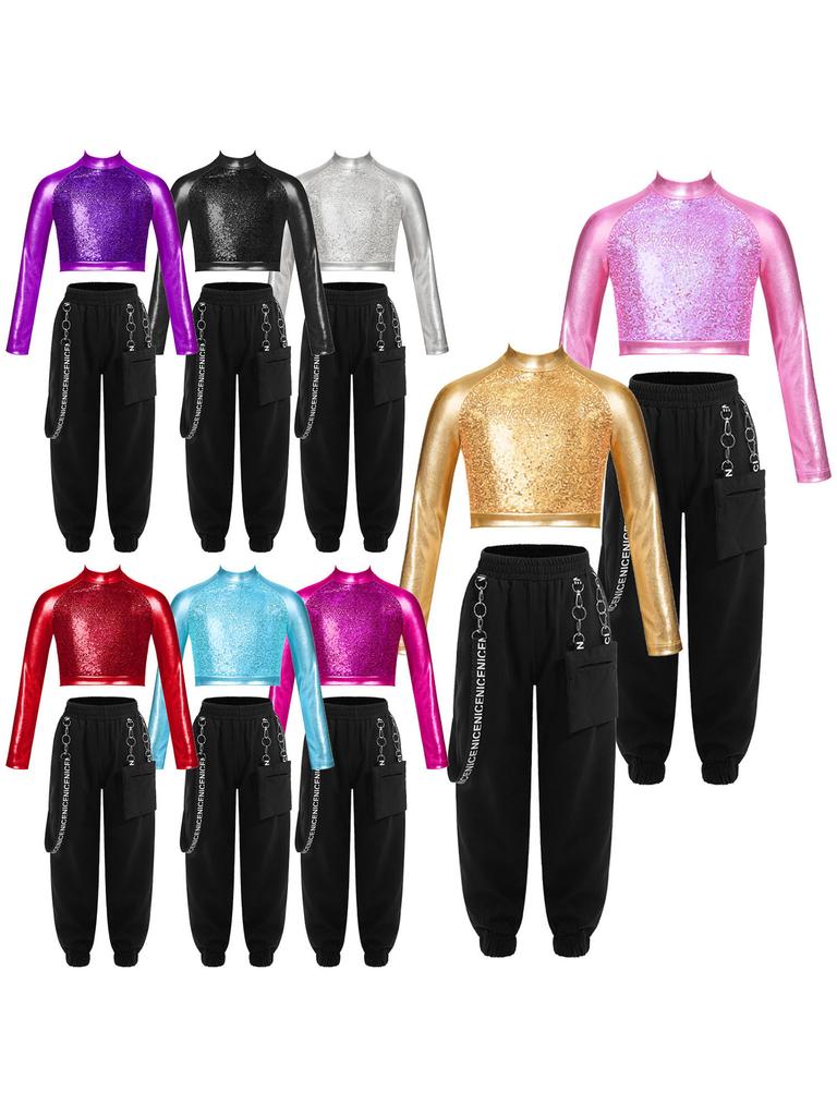 Kids Girls Stylish Clothes Set Long Sleeve Mock Neck Crop Top with Elastic Waistband Long Pants