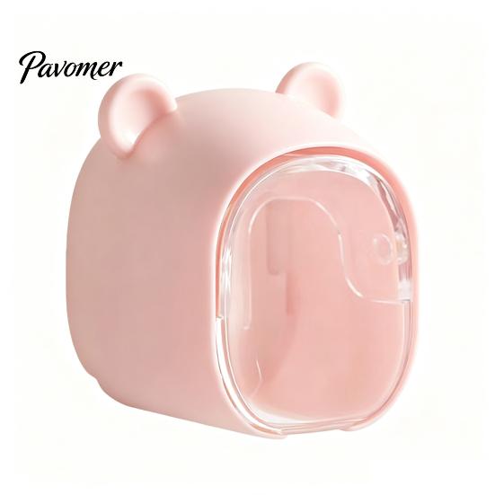 Waterproof Brush Holder Cute Bear Wall Mounted Toothbrush with Dustproof Flip Cover, Single Bathroom Decor Dispenser Storage Organizer, Drill-free