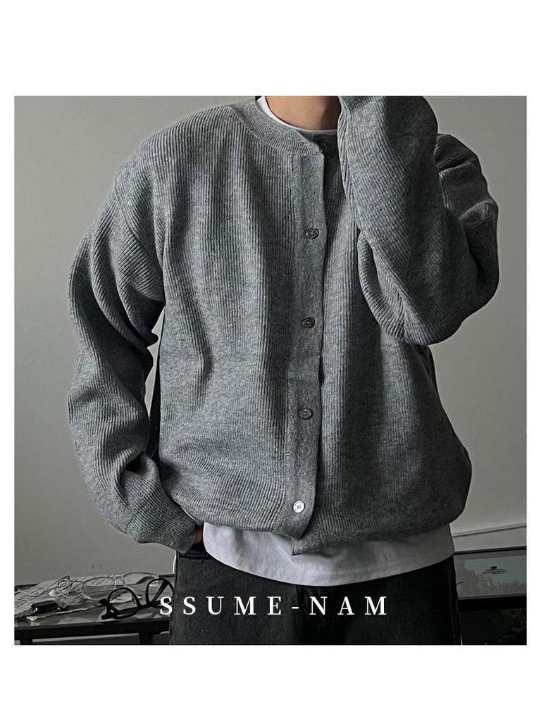 Men's High-End Woolen Cardigan - Round Neck, Autumn/Winter Casual Knitwear