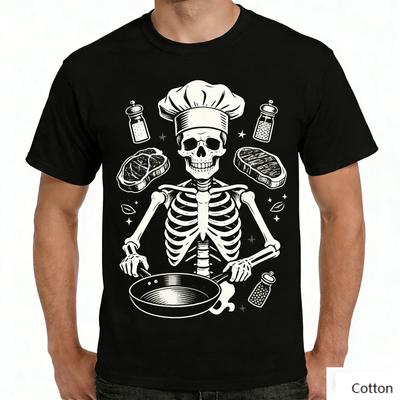 Vintage Skeleton Chef Cooking Graphic T Shirt, Cotton Crew Neck Short Sleeve Tee, Skeleton Chef Print Unisex Top