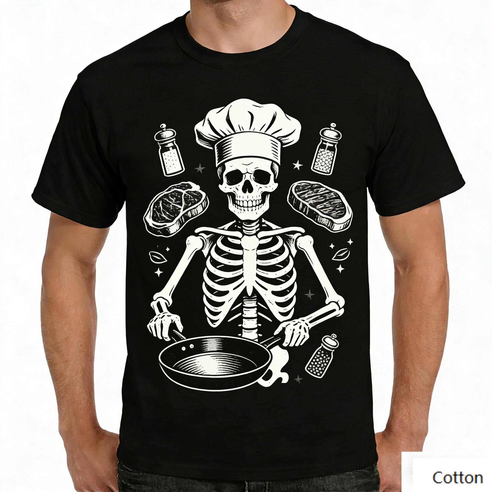 Vintage Skeleton Chef Cooking Graphic T Shirt, Cotton Crew Neck Short Sleeve Tee, Skeleton Chef Print Unisex Top S