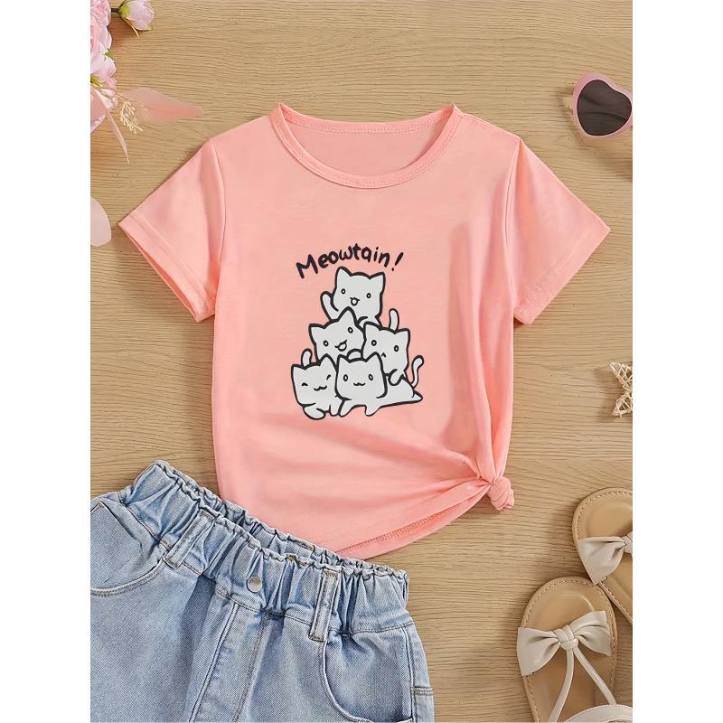 European sizes Girls' Casual T-Shirt  nteractive Cat Print Round Neck Fashionable Comfort Spring/Summer Tee, Girls Clothing Gift