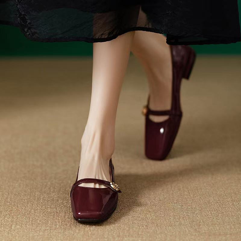 High Heels French Dress Party Shoes for Woman Platform Patent Leather Mary Jane  Black Square Toe Mid-heel Pumps 2025