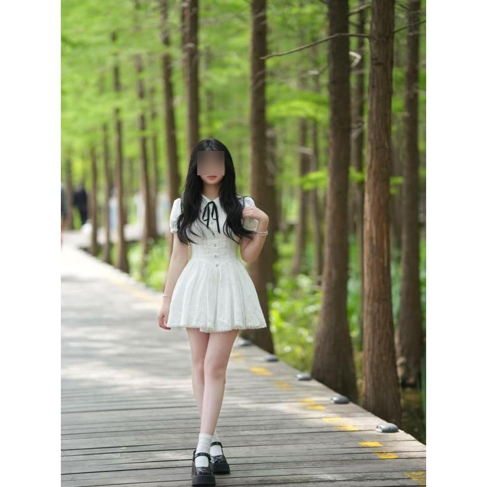 Summer new sweet and spicy beautiful girl preppy style casual temperament women's white dress A-line puffy skirt dress