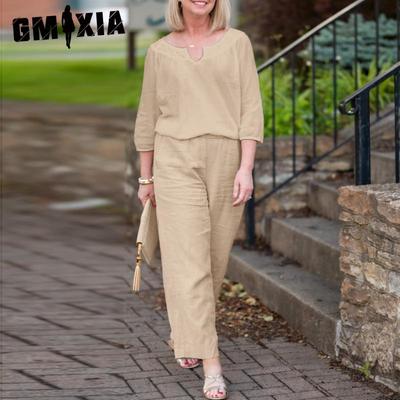 Kobiety Plus Size Casual Guzik Rękaw do połowy Kieszeń Jednolity Kolor Bawełna Dekolt V Top Spodnie Zestaw