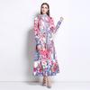 Spring Autumn Women Vintage Print Flower Runway Dresses Plus Size Stand Collar Single Breasted Oversized Loose Long Maxi Holiday Seaside Dress