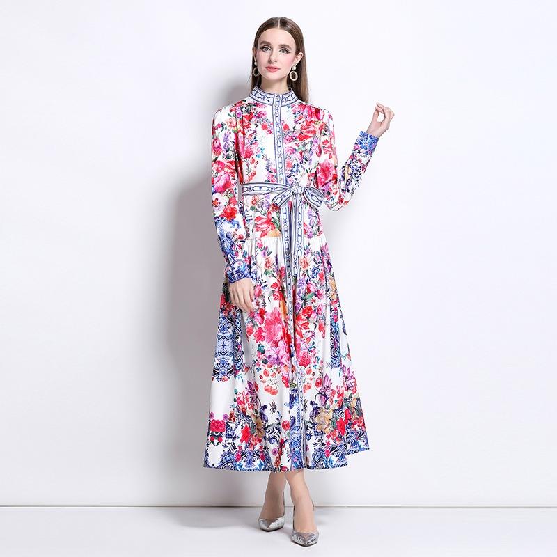 Spring Autumn Women Vintage Print Flower Runway Dresses Plus Size Stand Collar Single Breasted Oversized Loose Long Maxi Holiday Seaside Dress