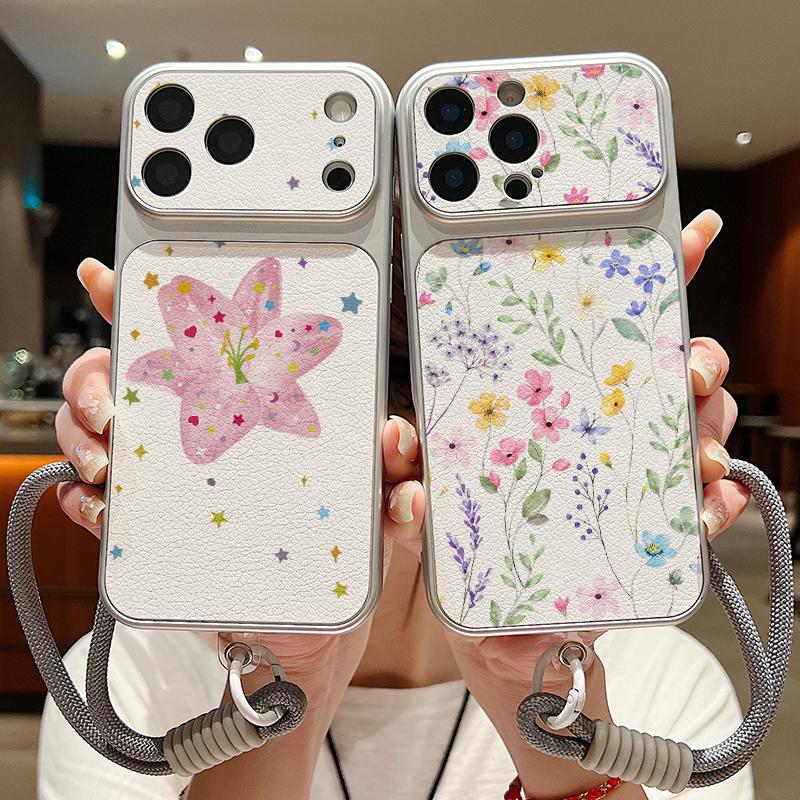 Pink Lily Flower Print Leather Lanyard Case For iPhone 18 Pro Max 17 16 15 14 13 Pro Max Luxury Hybrid TPU+PU Anti-skid Soft Phone Cover