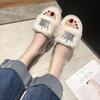 Fashion 2025 Chic Crystal Crown Fur Slippers Women Cozy Plush Pregnant Shoes Woman Pantuflas Flat Paillette Furry Slides Plus Size 36-41