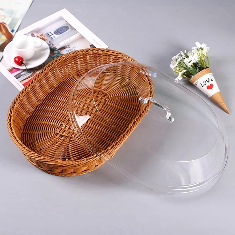 Versatile Imitation Rattan Wicker Basket with Acrylic Lid for Home Dining Table Storage Box Picnic Food Storage Plastic Basket #