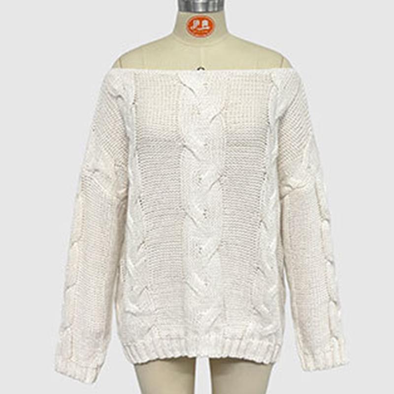 Ladies Autumn Winter Lantern Sleeve Flat Shoulder Pullover Solid Color Loose Knitted Sweater Knitwear Top