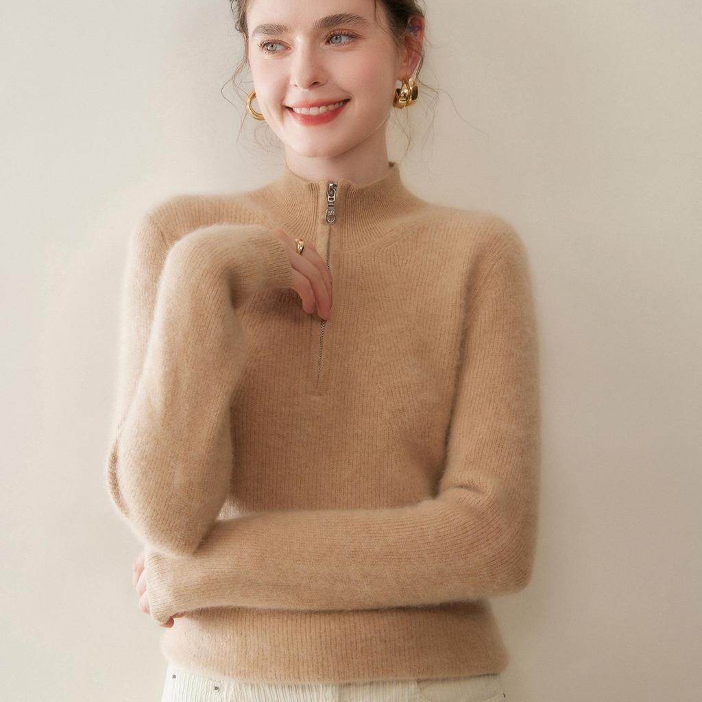 2025 Autumn/Winter Women's Thickened Cashmere Half-Zip Sweater - Loose Fit & Slimming Solid Color Pullover