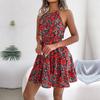 Summer Holiday Floral Long Dress Halter Neck Tie Open Backless Irregular Design Party Dress Spring Summer S-XL