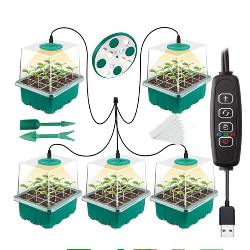 Vollspektrum-LED-Wachstumslicht mit Sämlingsschale, Pflanzensamen-Starterschalen, Gewächshaus-Anzuchtschalen mit Löchern, 12 Zellen pro Schale