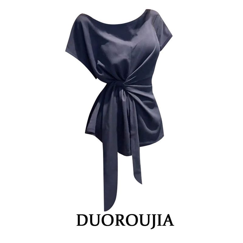 

size Chubby Girl French style Design Sense Unique Beautiful Tight Waist Sloping Shoulder Short sleeve T-shirt Women Summer Lace-up off-Shoulder Top Navy blue 3XL