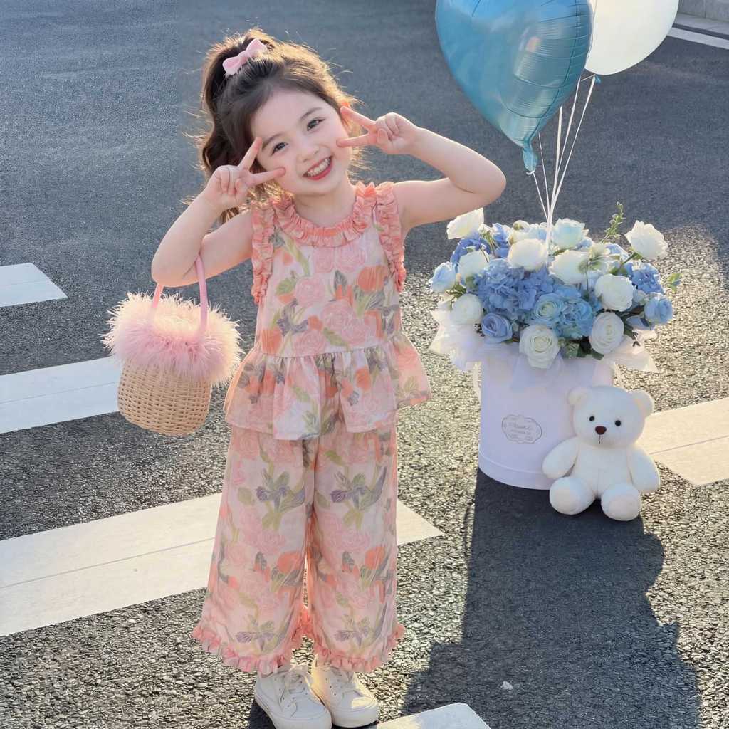 Girl Flower Summer Sleeveless Twopiece Outfit With Soft Polyester Fabric For Kids Age 3 To 8