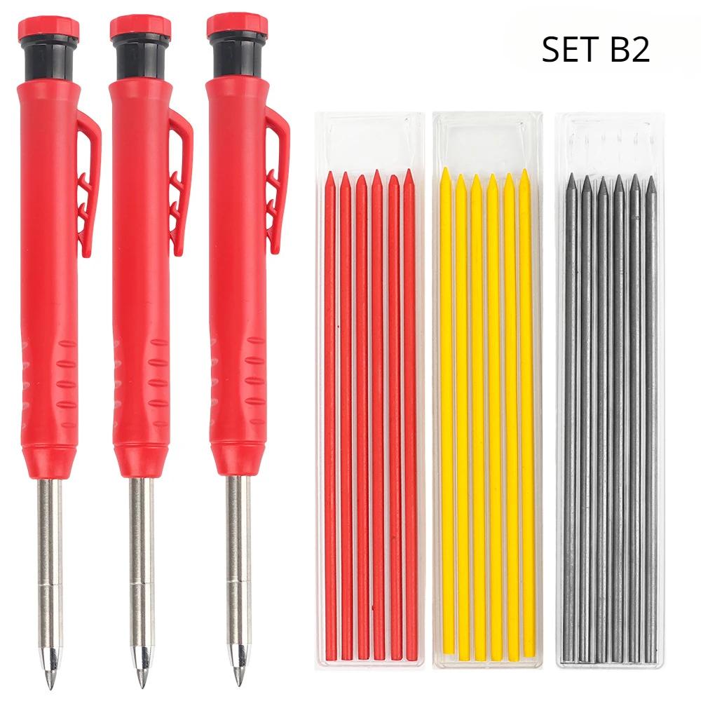 Solid Carpenter Pencil Set Woodworking Tools Mechanical Pencil 3 Colors Refill Construction Job Tools Carpentry Marking Scriber