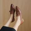 Small brown leather shoes women's single shoes pointed British style retro belt buckle loafers spring and autumn middle heel soft leather one pedal