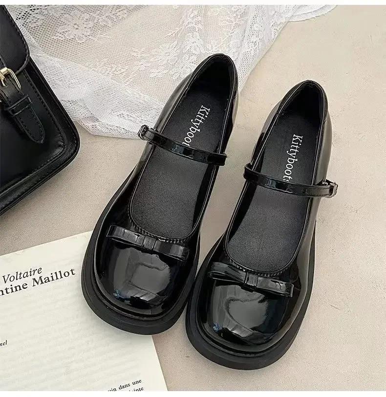 French Retro High Heels Leather Shoes for Women 2025 New Spring Bow Buckle Leather Shoes Round Toe Shallow Mouth Single Shoe