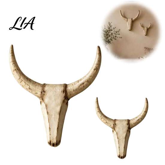 Decorative Shelf Accents Longhorn Bull Wall Sculpture, Rustic Farmhouse Animal Figurine, Distressed Decoration, Office Desk Ornament