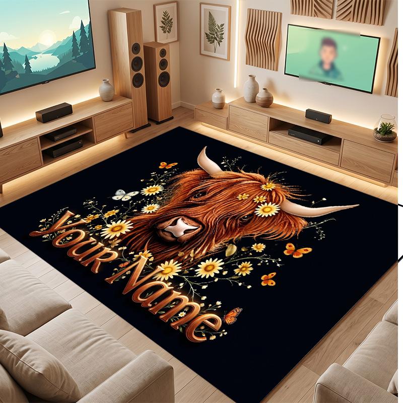 Highland Cow Theme Soft Crystal Velvet Rug Custom Name & Text Print Non Slip Floor Rug for Bedroom Living Room