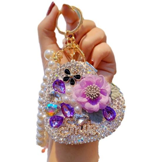 Folding Mirror Keychain Women Portable Makeup Mirror Rhinestone Faux Pearl Chain Sparkling Mirror Pendant for Touch-Ups Handbag