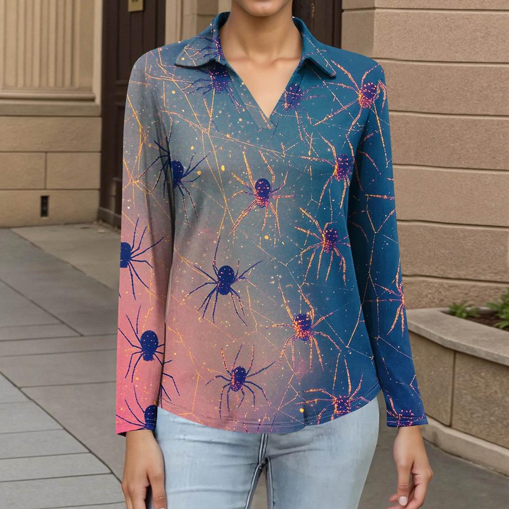 Women's Summer Fashion Casual Printed V-Neck Long Sleeve Shirt Top
