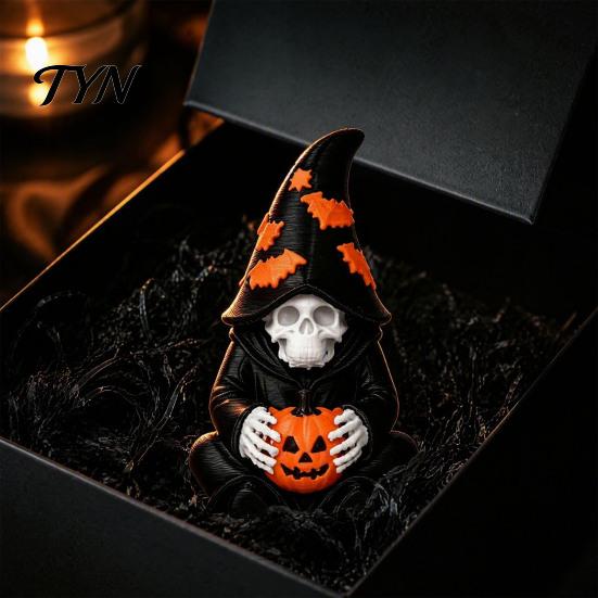 Collector Halloween Items Skeleton Wizard Figurine, 3D Printed Gothic Statue with Figurine Pumpkin& Bat Hat, Bookshelf And Tabletop Indoor Outdoor